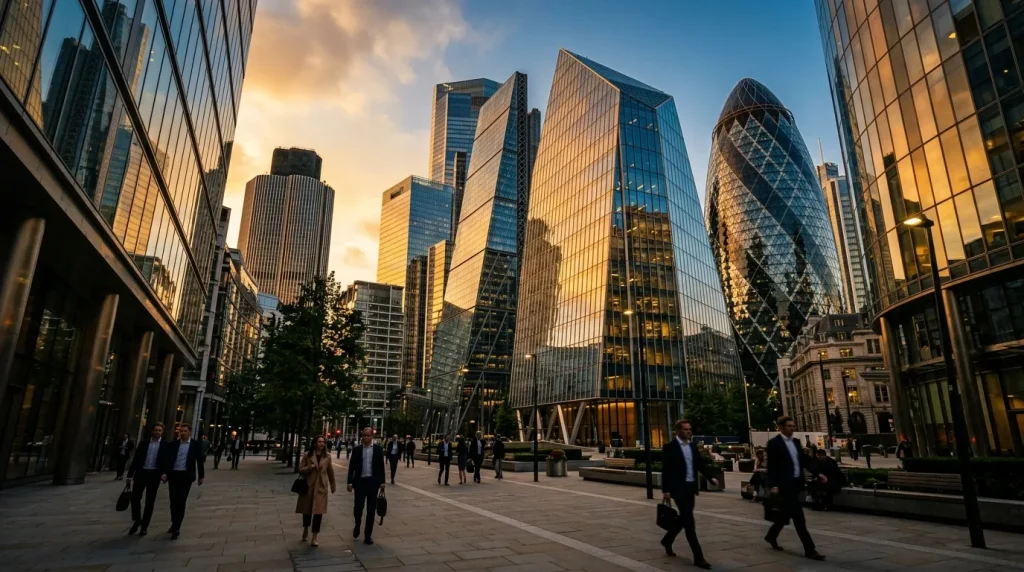 London financial district skyline representing the FCA regulatory framework for UK spread betting firms