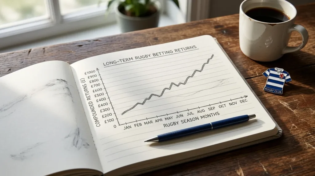 Hand-drawn growth chart on a notebook page illustrating compounded rugby betting returns over a season