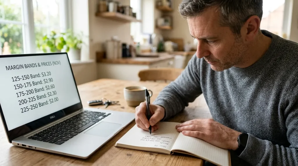 Punter writing a margin-band note in a notebook beside a laptop showing the relevant prices