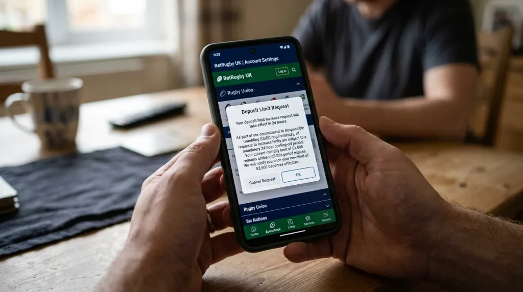Confirmation screen for a deposit limit increase request showing a mandatory cooling-off period