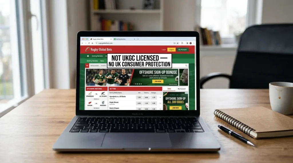 Warning banner overlaid on an offshore rugby betting site indicating no UKGC protection