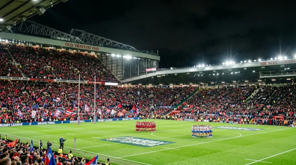 Old Trafford stadium under floodlights during a Super League Grand Final evening kickoff