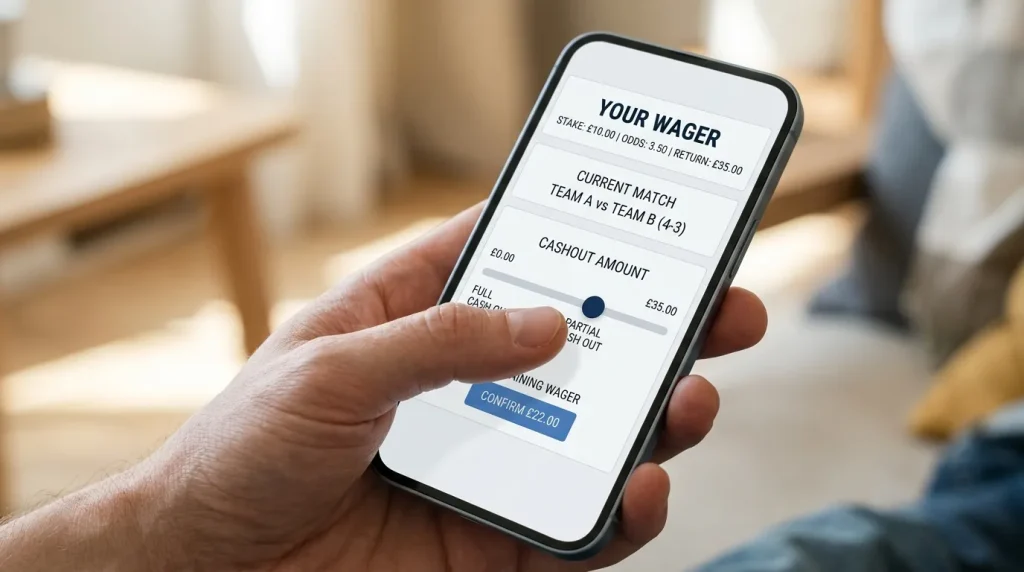 Smartphone screen showing a partial cash out slider being moved to lock in part of a winning rugby bet