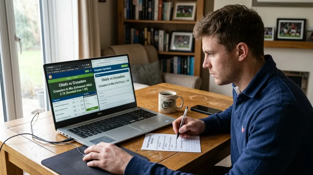 Rugby bettor running a sixty-second verification check on a boosted price across multiple tabs