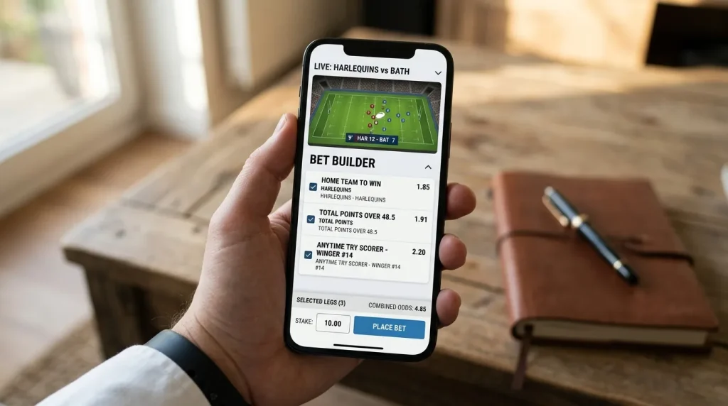 Smartphone screen showing a live Premiership rugby bet builder with handicap and totals legs selected