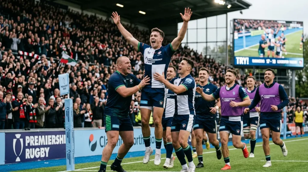 Premiership rugby team celebrating a try with grounded ball in the in-goal area