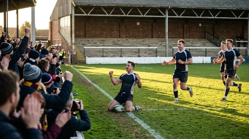Premiership rugby winger celebrating a try with team-mates at an English club stadium