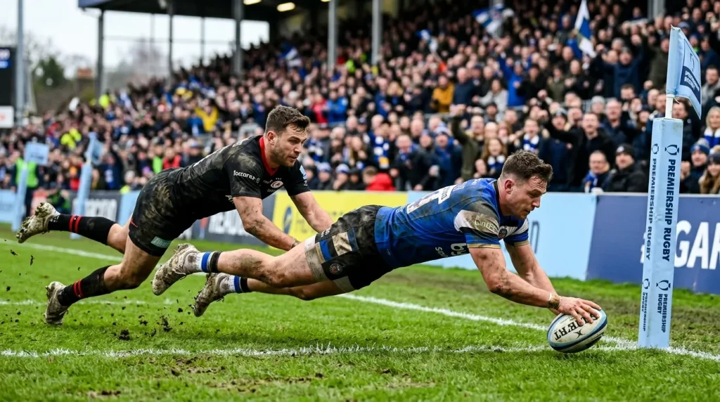 Premiership rugby try being scored in the corner with grounded ball and defender chasing back