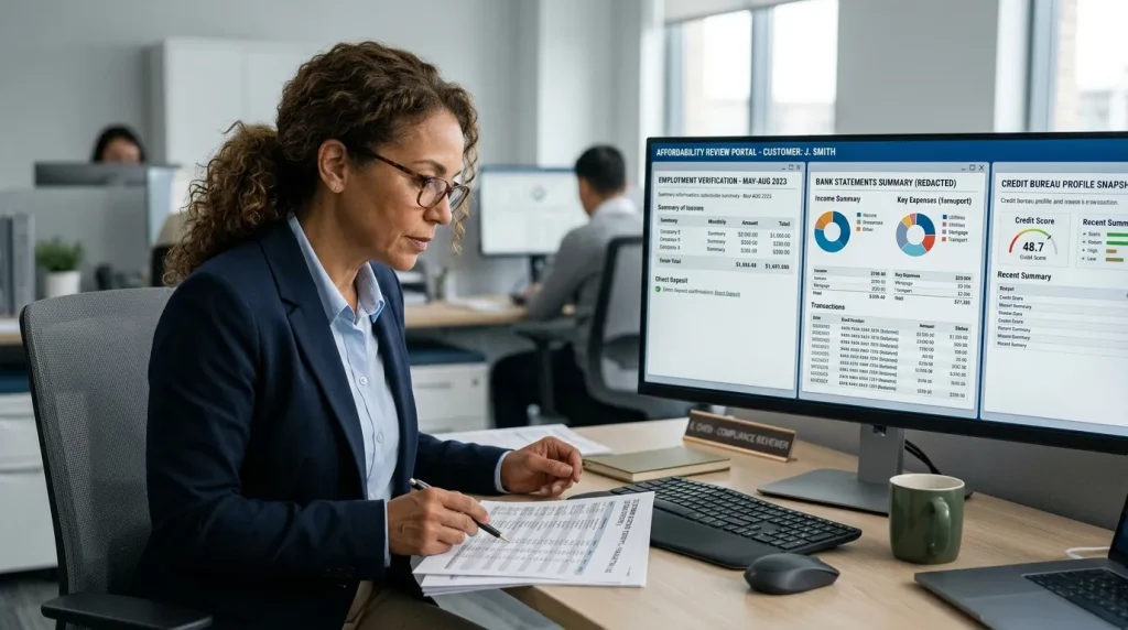 Reviewer comparing a customer stake history against affordability documents on a desk