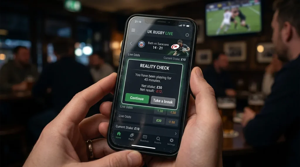 Reality check pop-up on a UK rugby betting app showing elapsed time and net result