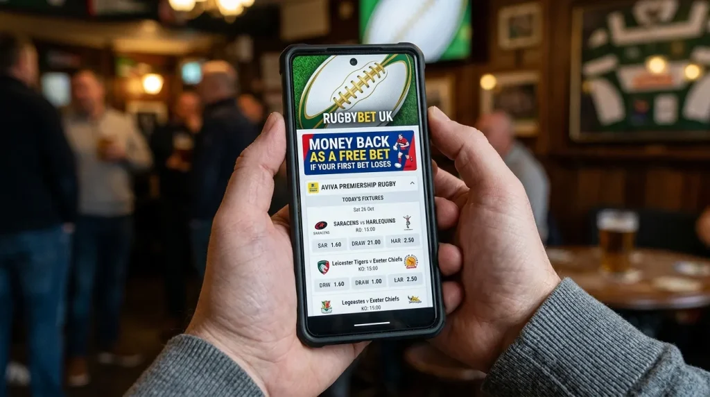 Promotional banner showing a money-back-as-free-bet rebate offer on a rugby fixture page