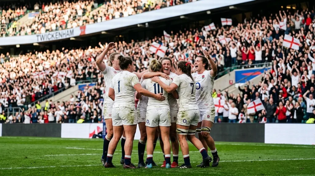 England Red Roses players celebrating after a try in front of a home crowd