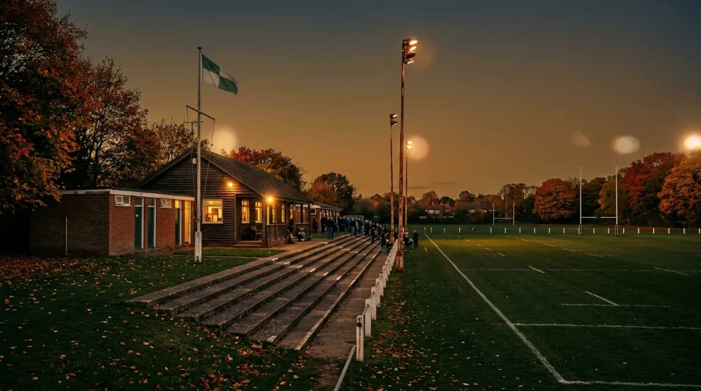 Traditional English rugby ground with terraced stands and a wooden clubhouse at dusk before kickoff