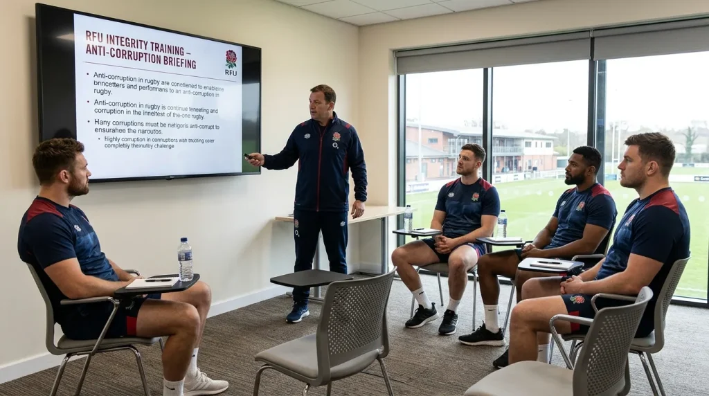 Professional rugby squad attending an anti-corruption integrity briefing in a club meeting room