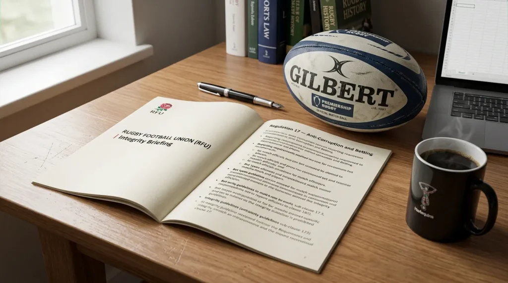Rugby Football Union integrity briefing document next to a Premiership rugby ball on a desk