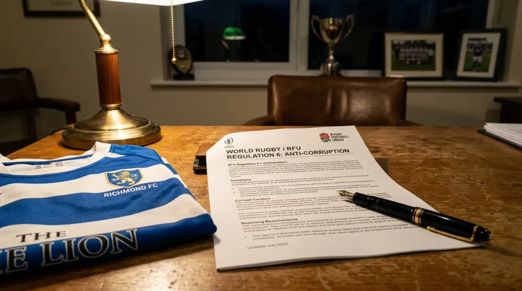 Rugby Football Union Regulation 17 document open on a desk next to a club rugby jersey