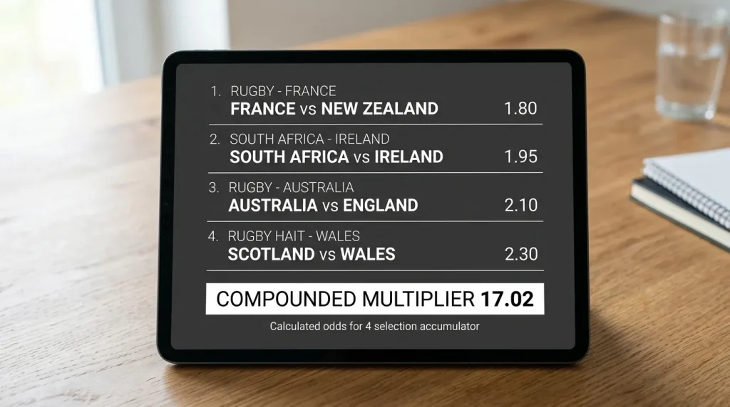 Tablet screen showing a four-leg rugby accumulator with the multiplier compounding visibly on screen