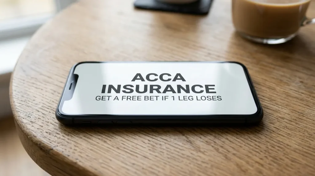 Smartphone showing an accumulator insurance promotional banner offering a free bet refund on one losing leg