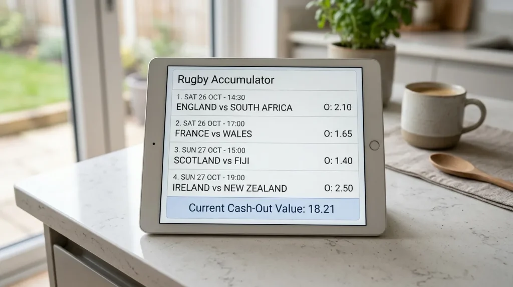 Tablet screen showing a multi-match rugby accumulator with one leg still running and a cash out value displayed