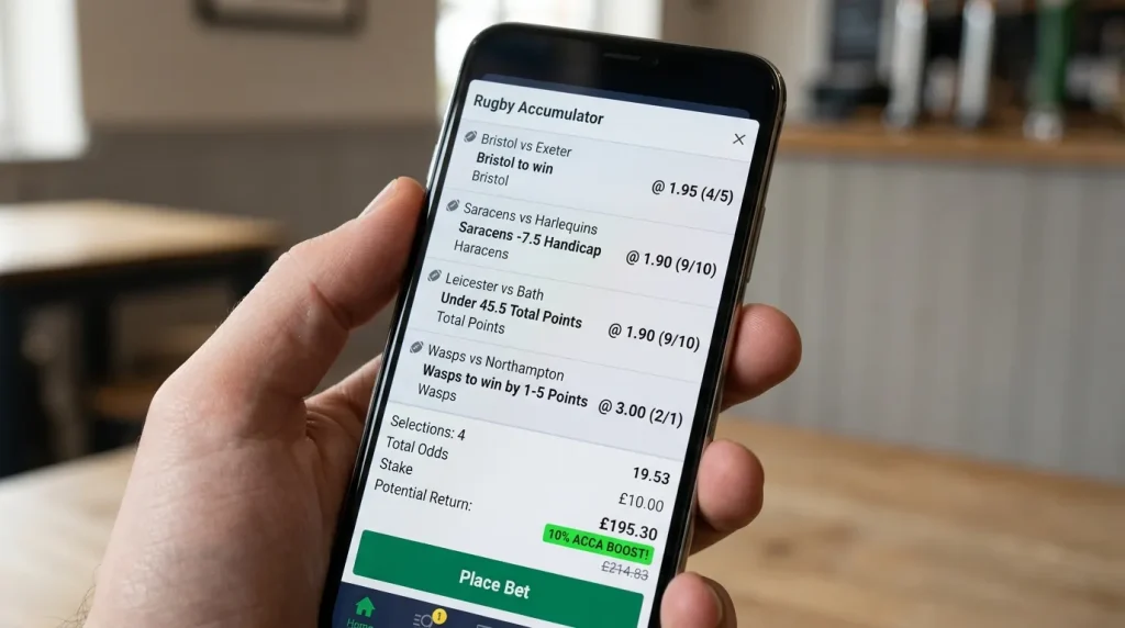 Rugby accumulator bet slip on a mobile screen showing multiple selections and percentage uplift