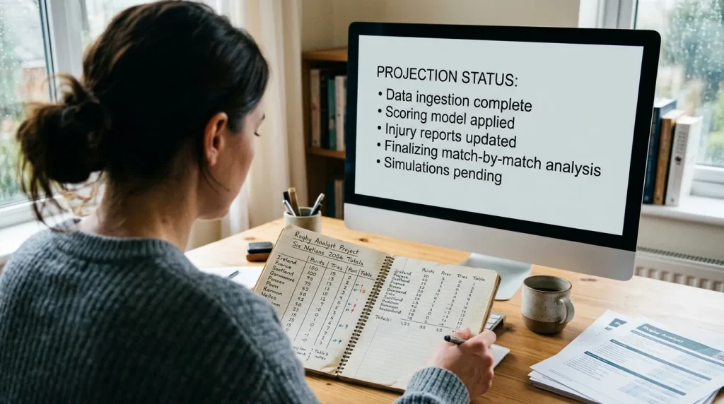 Rugby analyst at a desk reviewing simple notes on projected team scores ahead of setting a total line