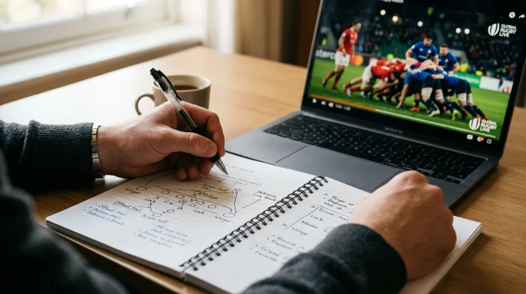 Analyst making handwritten notes in a notebook while a rugby stream plays on a laptop