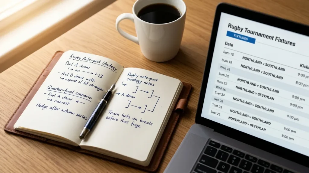 Punter writing rugby ante-post strategy notes in a leather notebook beside a laptop showing tournament fixtures