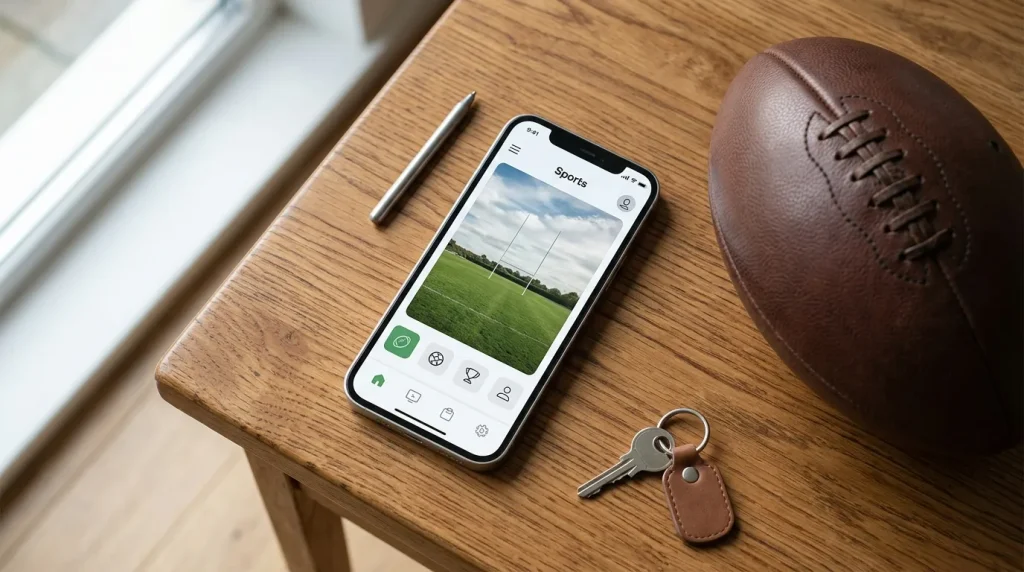 Smartphone with a betting app open resting on a wooden table beside a rugby ball