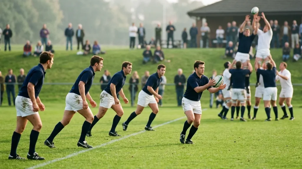 Rugby union attacking team setting up a backline move from a lineout in the opening minutes of a match