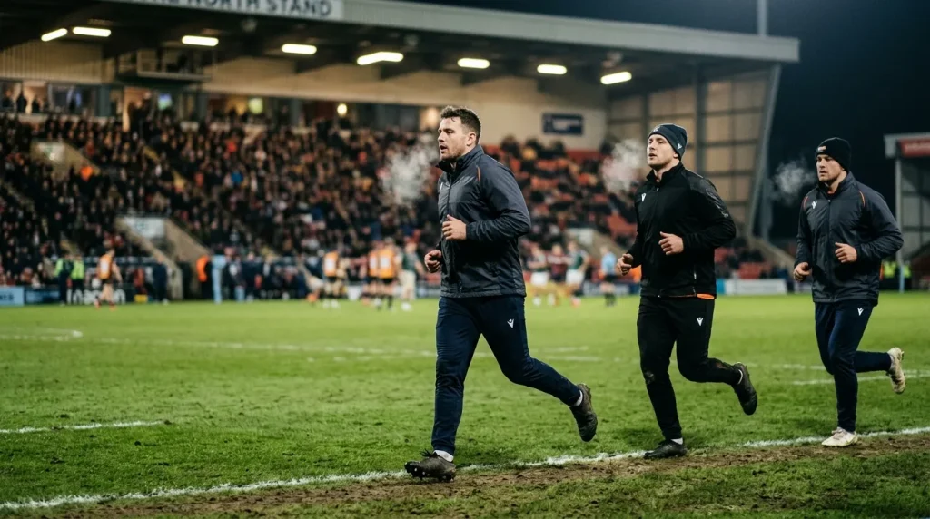 Rugby substitutes warming up along the touchline during a winter Premiership match
