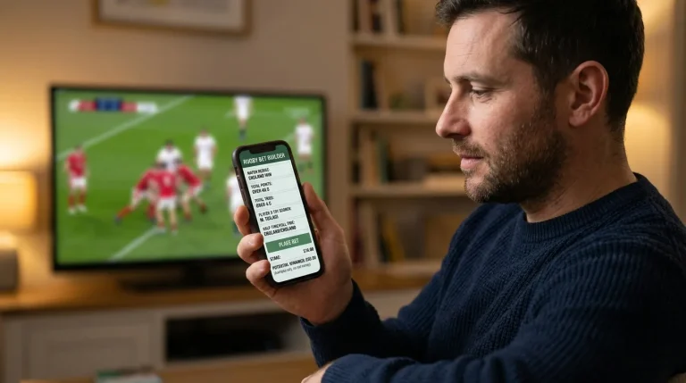 UK rugby fan stacking multiple bet builder selections on a smartphone during a live Premiership match