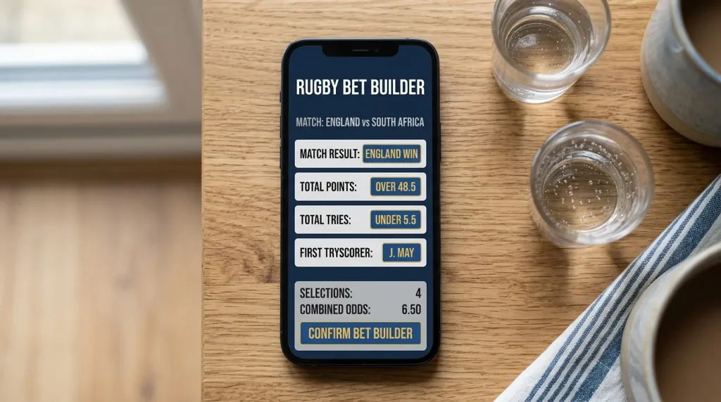 Smartphone screen showing a bet builder slip with four stacked rugby selections in a single match