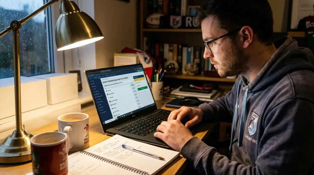Bettor placing an early-week rugby outright bet on a laptop while reviewing form notes