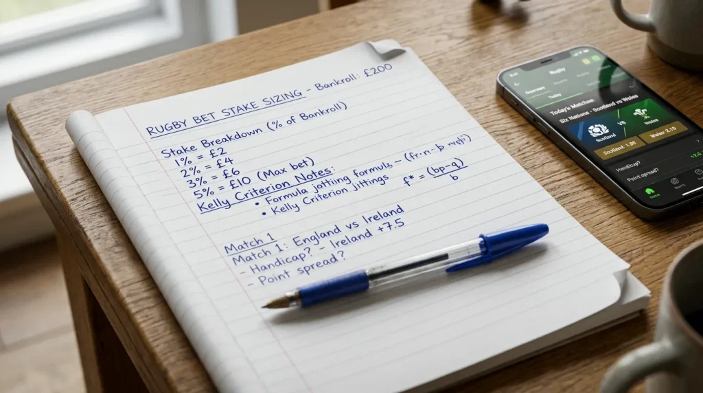 Notebook with rugby bet stake sizing notes and a percentage-of-bankroll breakdown