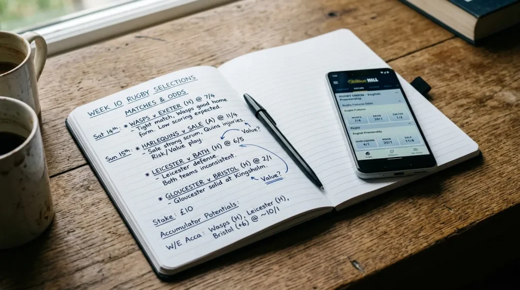 Open notebook with handwritten rugby bet planning notes beside a smartphone showing match odds