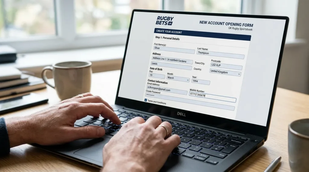 New customer account opening form for a UK rugby betting site on a laptop