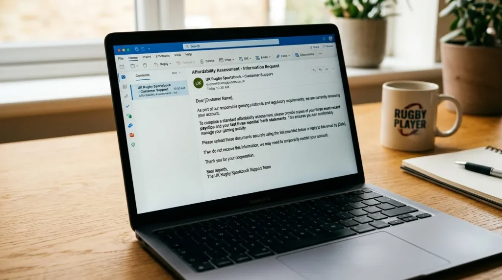 Email notification on a laptop requesting affordability documentation from a UK rugby betting customer