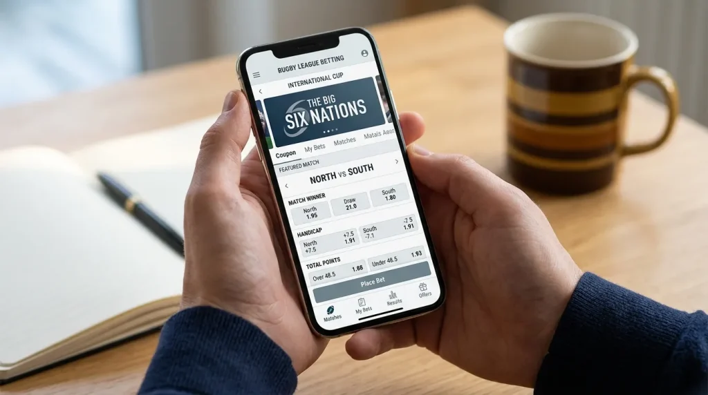 Smartphone display showing a Six Nations match coupon with handicap and totals markets at a UK rugby betting site