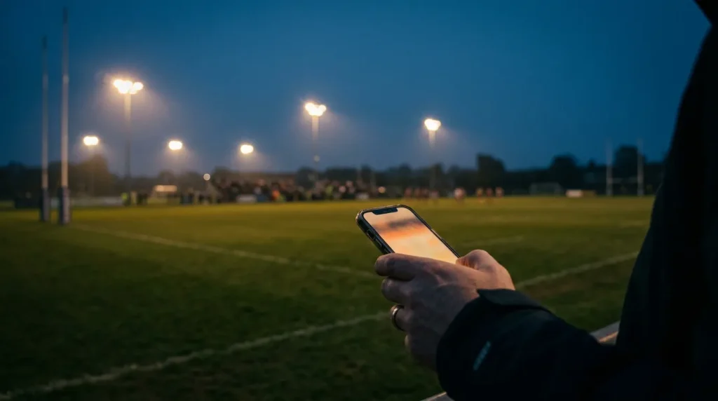 Hand holding a smartphone next to a rugby pitch at twilight with floodlights coming on in the distance