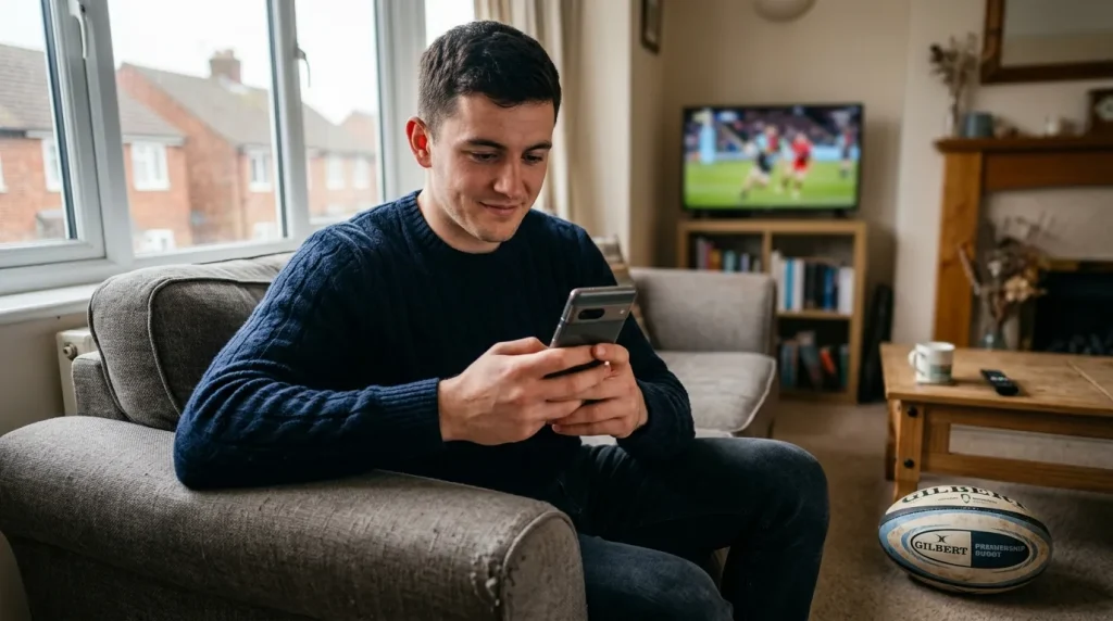 Beginner UK rugby bettor reviewing a match coupon and bet slip on a smartphone