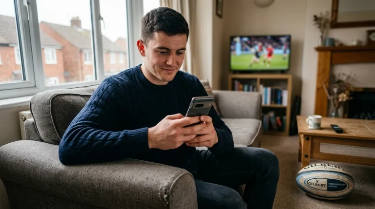 Beginner UK rugby bettor reviewing a match coupon and bet slip on a smartphone