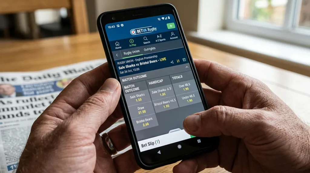UK rugby match coupon displayed on a smartphone showing match outcome, handicap and totals