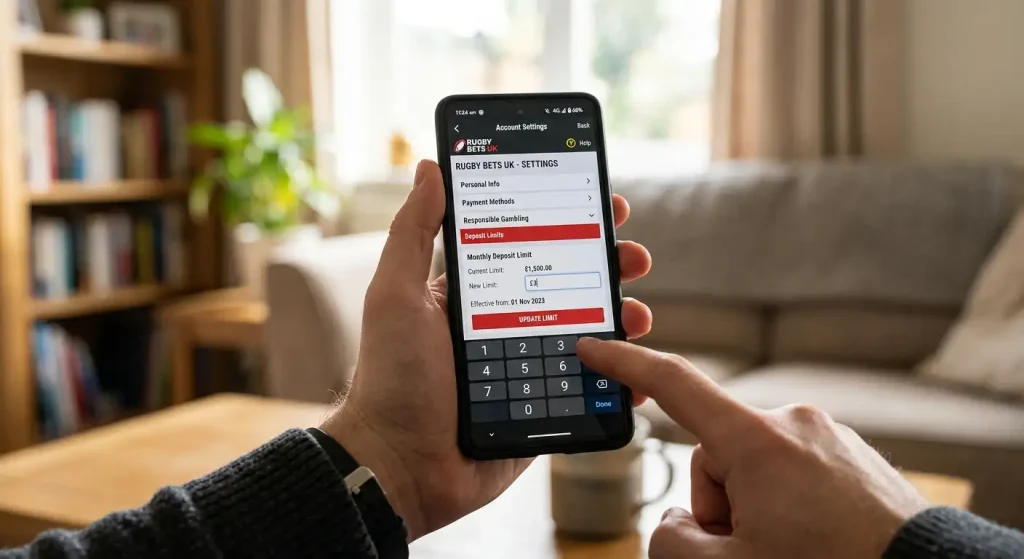 Monthly deposit limit being set on a UK rugby betting account dashboard