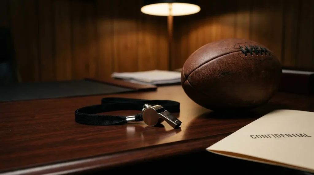 Referee's whistle and rugby ball on a desk beside a closed manila folder marked confidential