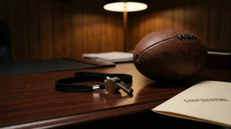 Referee's whistle and rugby ball on a desk beside a closed manila folder marked confidential