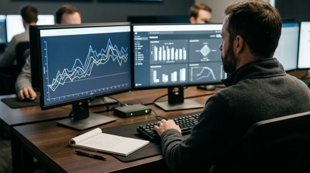 Integrity analyst monitoring live rugby betting market alerts on screens