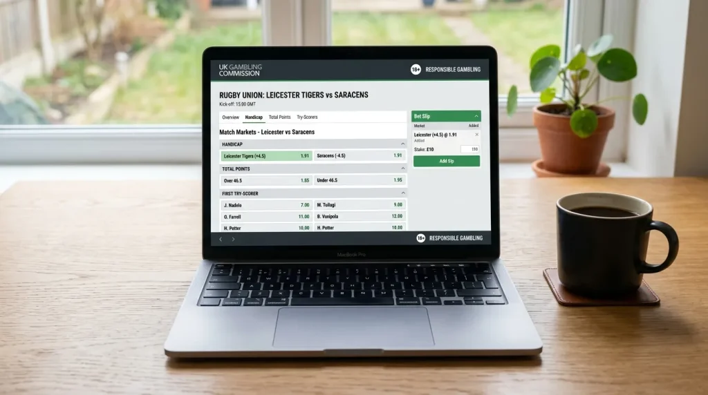 Rugby match page on a UKGC licensed sportsbook listing handicap, totals and try-scorer markets