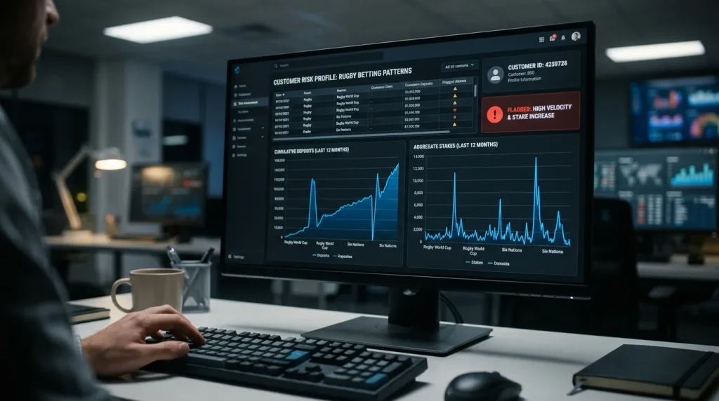 Operator risk dashboard visualising deposit and stake patterns flagging a customer for review