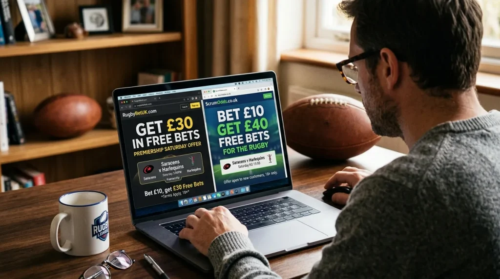 Two UK rugby new-customer free bet offers compared side by side on a laptop