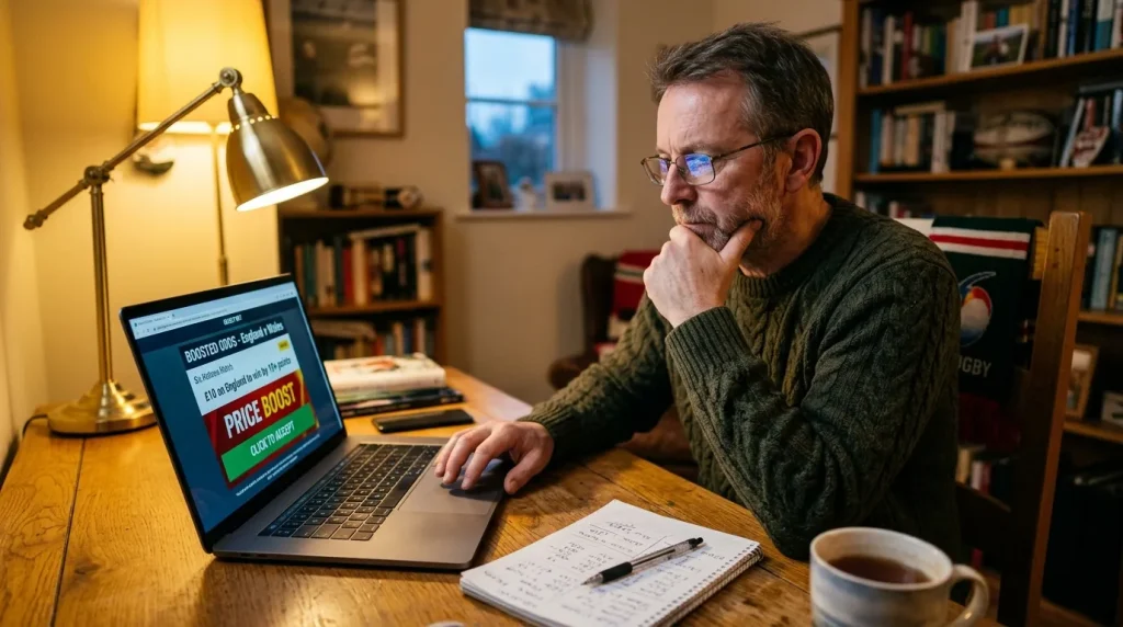 UK rugby bettor at a desk pausing to consider a boosted price before clicking